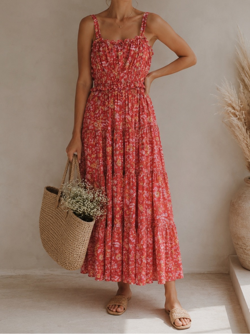 J.Crew Coral Floral Smocked Maxi Dress Size Medium Cottagecore Boho Summer